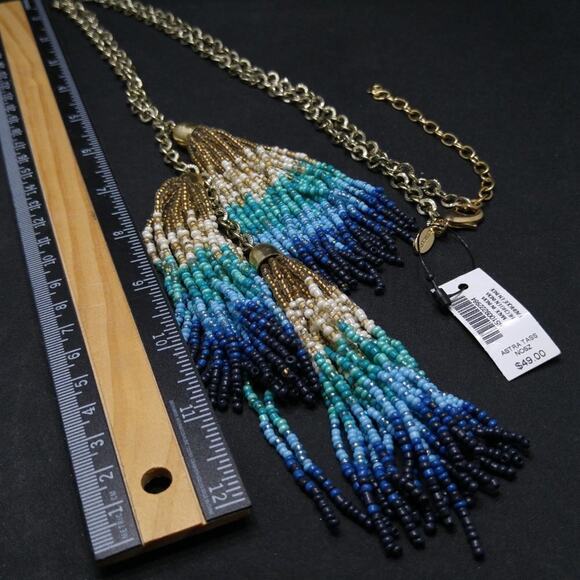 Chico's Blue Green Gold Seed Bead 3 Tassel Necklace, New With Tags, 36 Inches - Picture 2 of 12